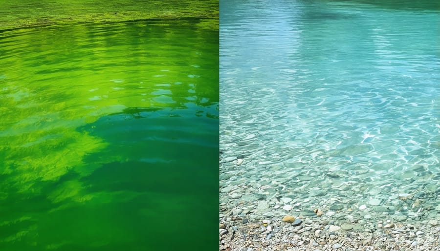 Side-by-side comparison of a healthy green pond and a clear pond