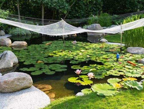 A beautiful garden pond with protective netting, rocks, and water lilies, enhanced by motion-activated sprinklers, showcasing modern defense measures against natural predators.