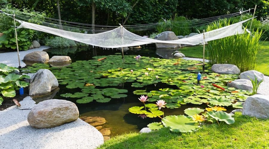 A beautiful garden pond with protective netting, rocks, and water lilies, enhanced by motion-activated sprinklers, showcasing modern defense measures against natural predators.