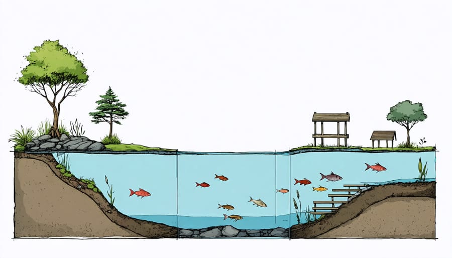 Illustrated diagram showing pond depth zones and underwater fish refuges