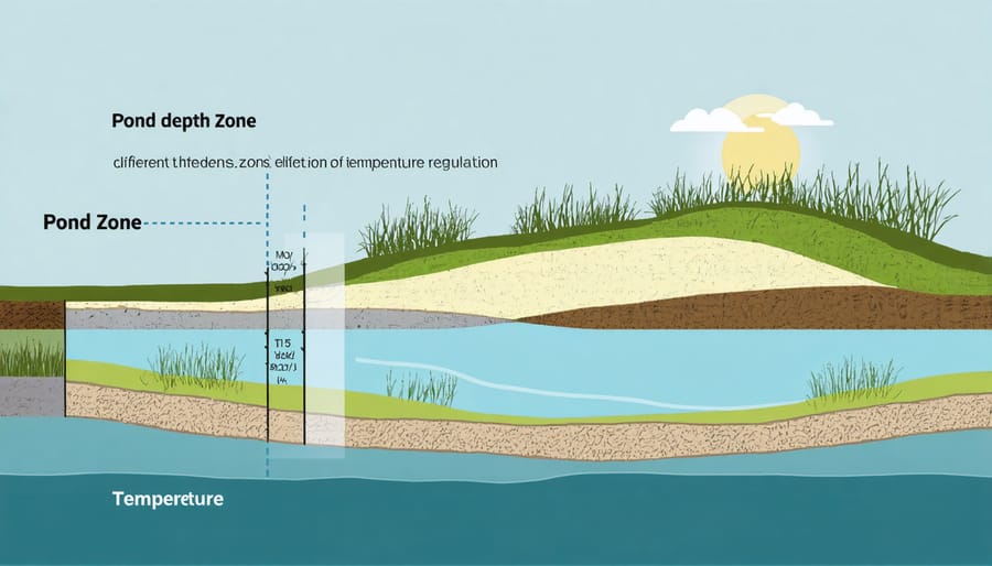 Technical illustration of koi pond depth zones showing shallow and deep areas with temperature gradients