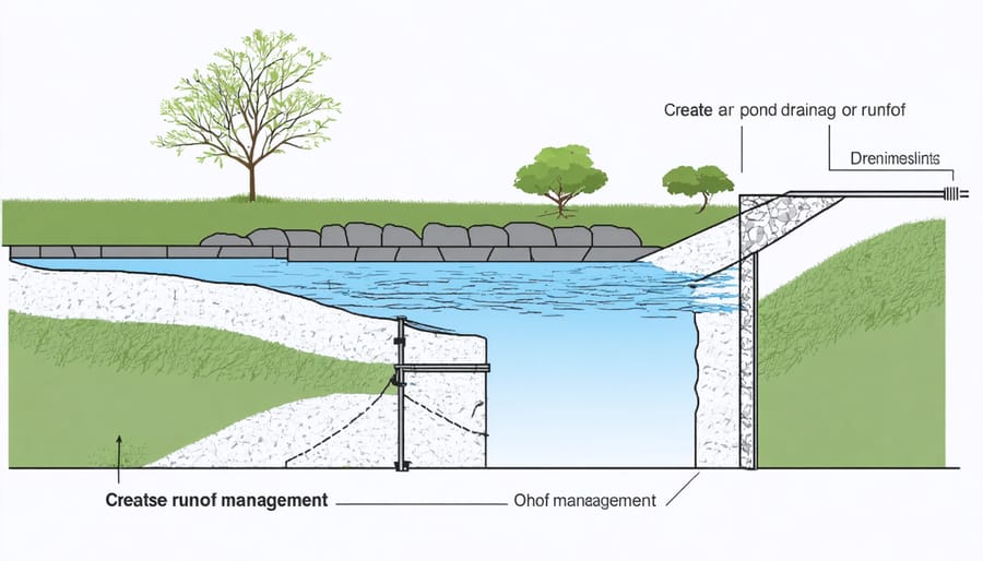 Technical illustration of pond drainage systems and water management features