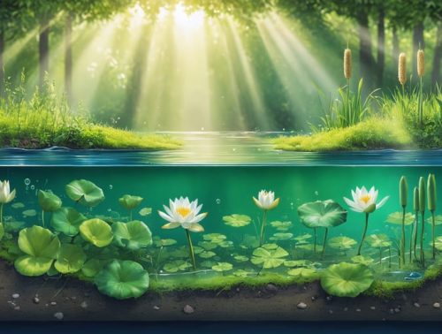 A conceptual illustration showing a cross-section of a pond ecosystem with sunlight penetrating water layers, aquatic plants like water lilies and cattails displaying photosynthetic activity, and diverse plant life working together to maintain ecological balance.