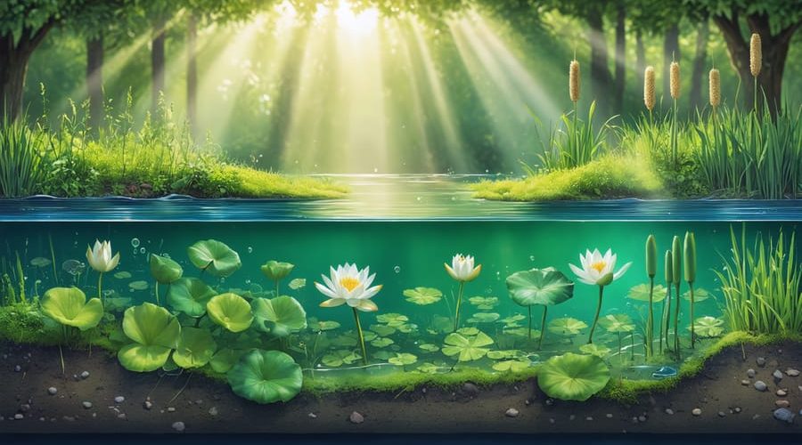 A conceptual illustration showing a cross-section of a pond ecosystem with sunlight penetrating water layers, aquatic plants like water lilies and cattails displaying photosynthetic activity, and diverse plant life working together to maintain ecological balance.