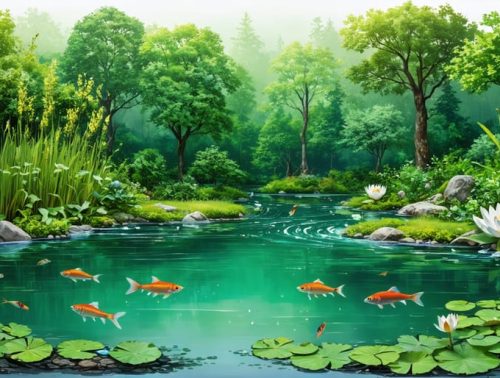 A visually striking illustration of a pond transformed into a self-sustaining ecosystem, showcasing lush aquatic plants and vibrant fish in clear, green water.