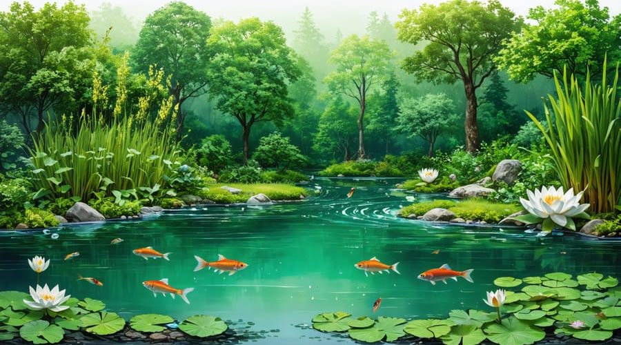 A visually striking illustration of a pond transformed into a self-sustaining ecosystem, showcasing lush aquatic plants and vibrant fish in clear, green water.