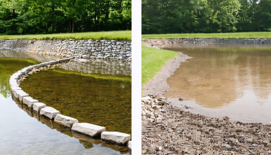 Before and after comparison showing how stone barriers prevent soil erosion around a garden pond
