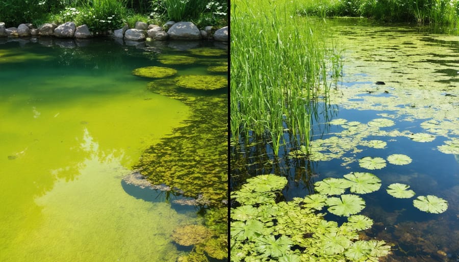 Side-by-side comparison of a healthy pond and an unhealthy pond with excessive algae growth