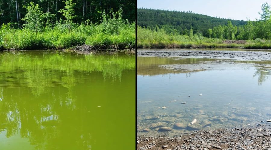 A side-by-side comparison of a healthy pond ecosystem with clear, vibrant water and thriving aquatic life versus a zinc mining-contaminated pond with murky water and distressed fish, illustrating the effects of pollution and protective measures.