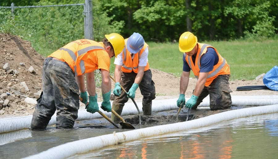 Hands-on training session showing proper pond liner installation methods