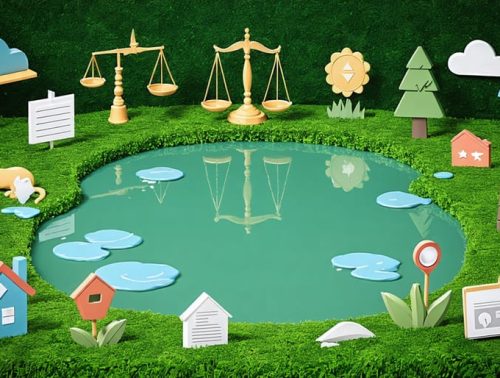 An artistic representation of a pond integrated with symbols of law and nature, illustrating the concept of balancing environmental conservation and legal responsibilities in pond ownership.