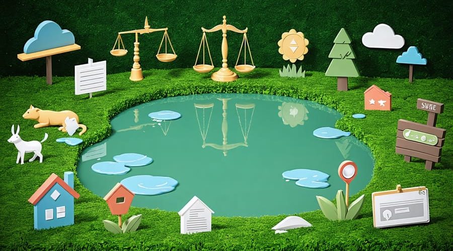 An artistic representation of a pond integrated with symbols of law and nature, illustrating the concept of balancing environmental conservation and legal responsibilities in pond ownership.