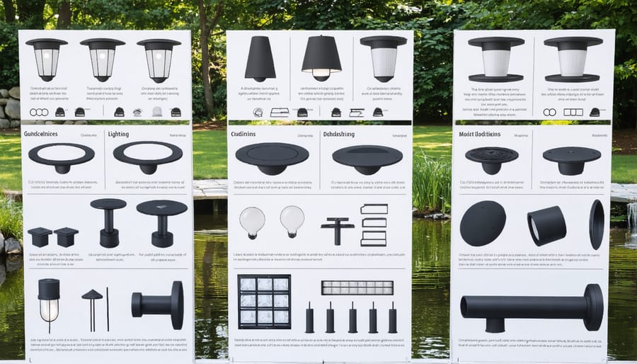 Display of different pond lighting equipment including underwater lights, spotlights, and control systems