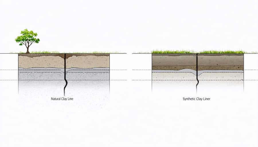 Side-by-side cross-sectional diagram comparing natural clay and synthetic pond liner installations