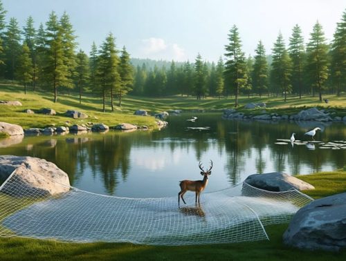 A beautifully landscaped pond at the edge of a residential area, featuring protective netting and natural barriers, against a backdrop of forested wilderness, illustrating the intersection of human and natural environments.