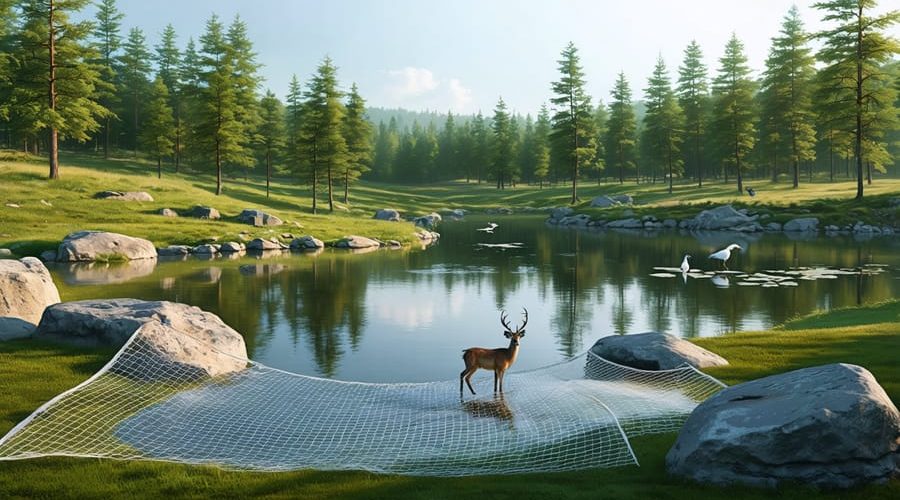 A beautifully landscaped pond at the edge of a residential area, featuring protective netting and natural barriers, against a backdrop of forested wilderness, illustrating the intersection of human and natural environments.