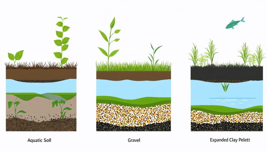 Side-by-side comparison of three common pond plant media types showing their texture and structure