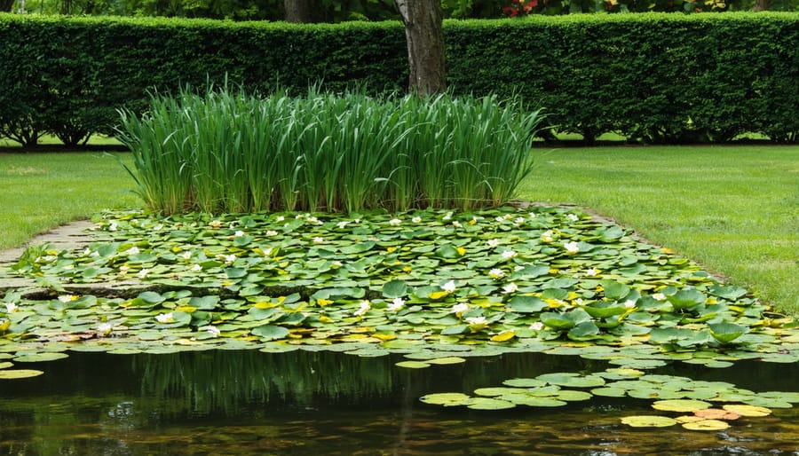 Sequential images showing the process of installing pond planting media and securing plants