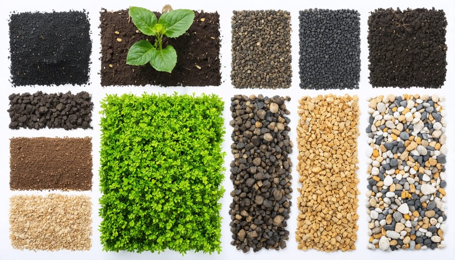 Comparison of different pond planting media types showing texture and color variations
