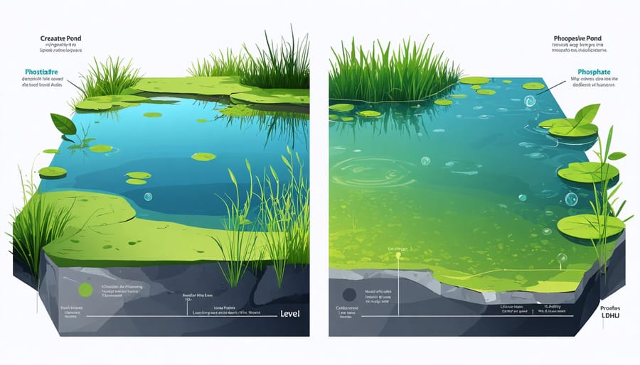 Comparison diagram of a clear, healthy pond and a green, algae-filled pond with phosphate measurements