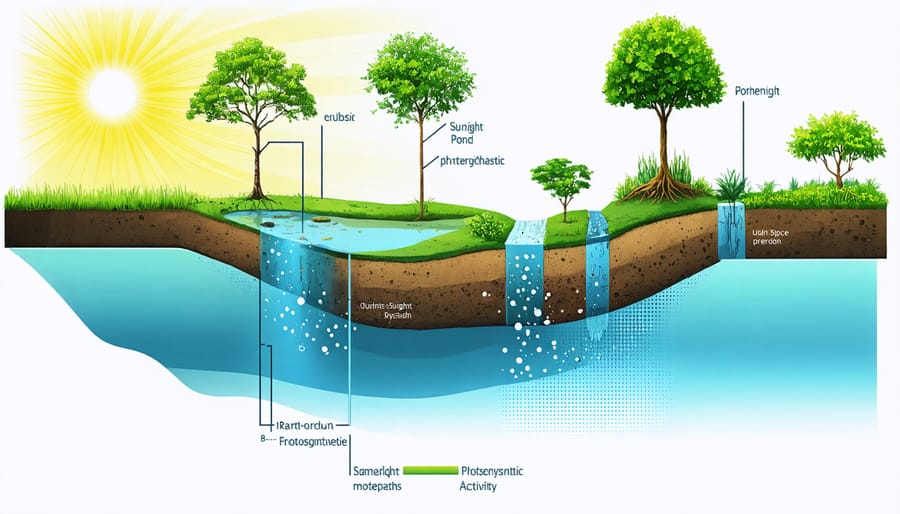 Illustrated diagram showing how sunlight penetrates water layers and affects plant growth in a pond