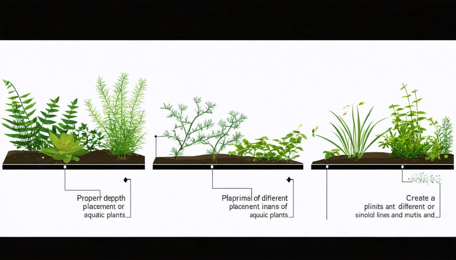 Cross-section illustration of pond showing ideal planting depths for various aquatic plants