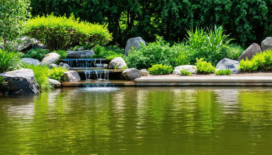 Healthy garden pond demonstrating strategic placement of different plant types for optimal filtration