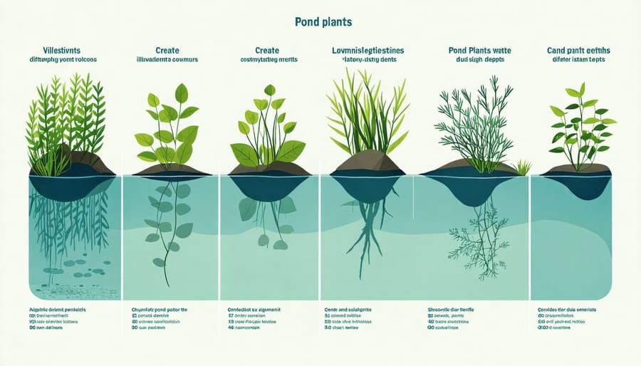 Illustrated cross-section of a pond showing submerged, floating, and marginal plant zones