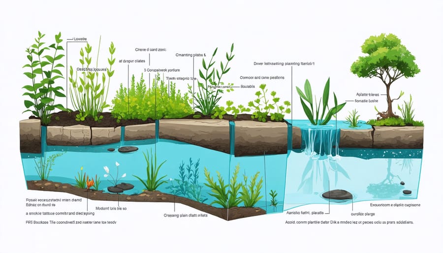 Diagram showing various pond zones and recommended plants for each depth level