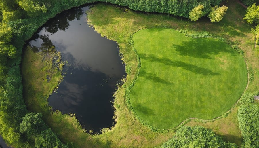 Overhead view of a backyard pond with property line markers and safety fencing