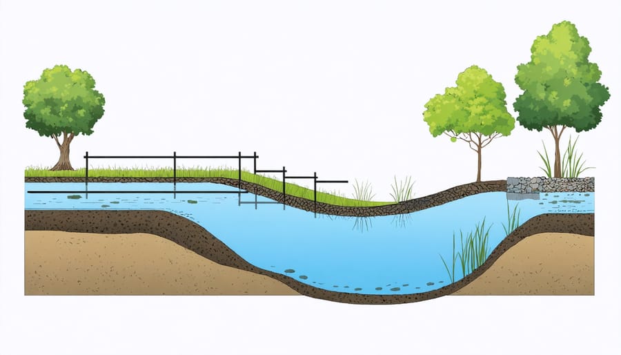 Technical illustration of pond protection systems including barriers, filters, and water flow management