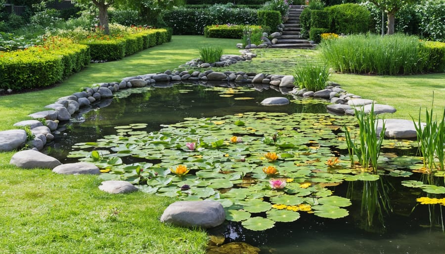 Demonstration of pond protection methods including netting, plant coverage, and physical barriers