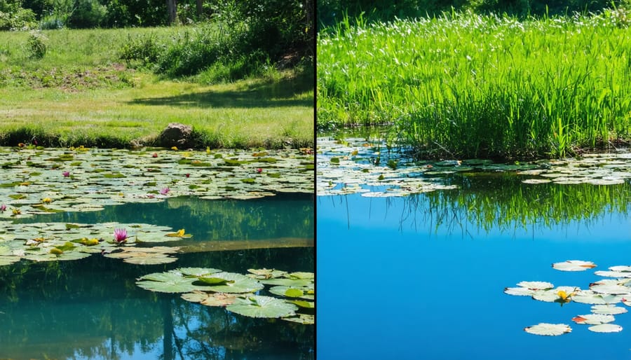 Before and after comparison of a pond ecosystem showing the impact of proper plant integration on water clarity