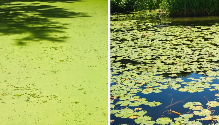 Before and after comparison of pond weed treatment showing the transformation from an overgrown to a clean pond