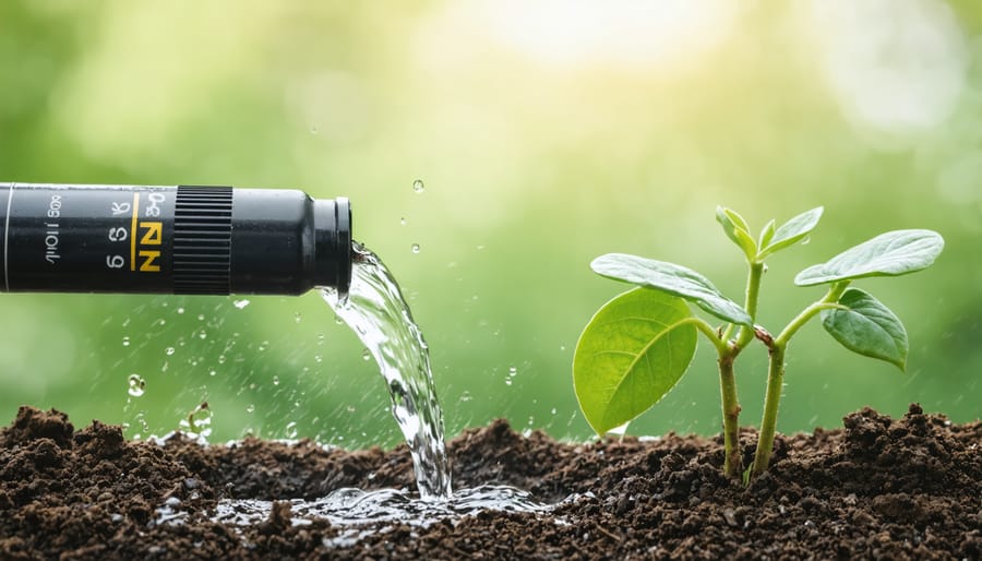 Person watering ZZ plant correctly at soil level with moisture meter showing optimal moisture reading