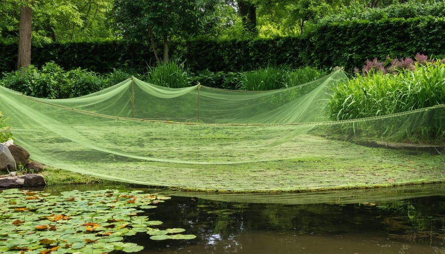 Landscaped pond featuring protective measures including mesh covering and barrier plants
