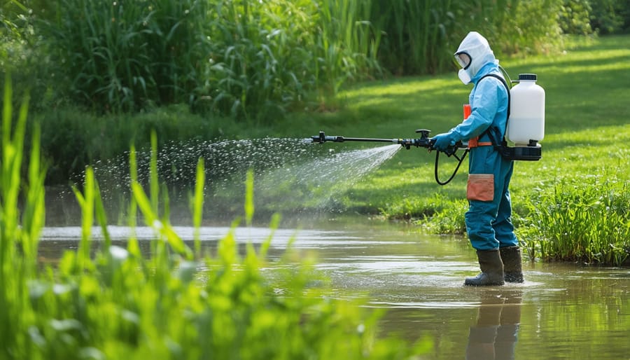 Demonstration of proper pond herbicide application techniques using safety equipment