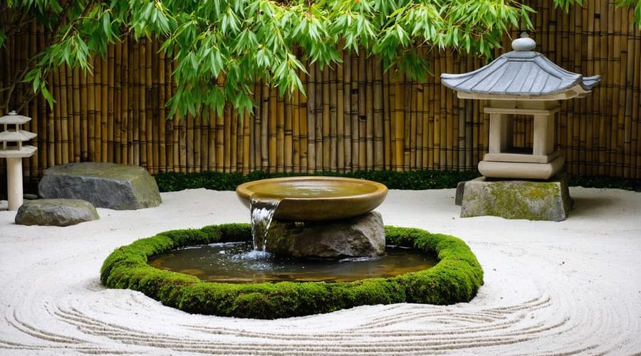 Tranquil Japanese garden scene featuring a bamboo tsukubai fountain, stone basin, moss, stones, and a traditional stone lantern amidst a backdrop of zen sand and Japanese maples.