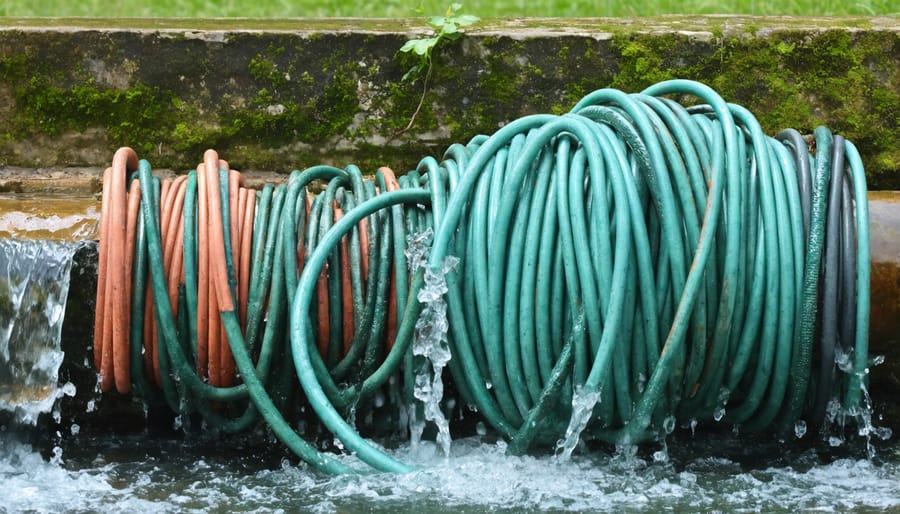 Gardeners queuing to access a shared water source with tangled hoses