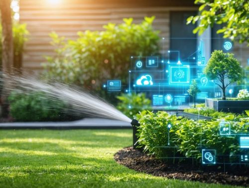 A vibrant garden showcasing smart water technologies, including a digital irrigation controller, soil moisture sensors, and a rainwater harvesting setup, symbolizing efficient water management in gardening.