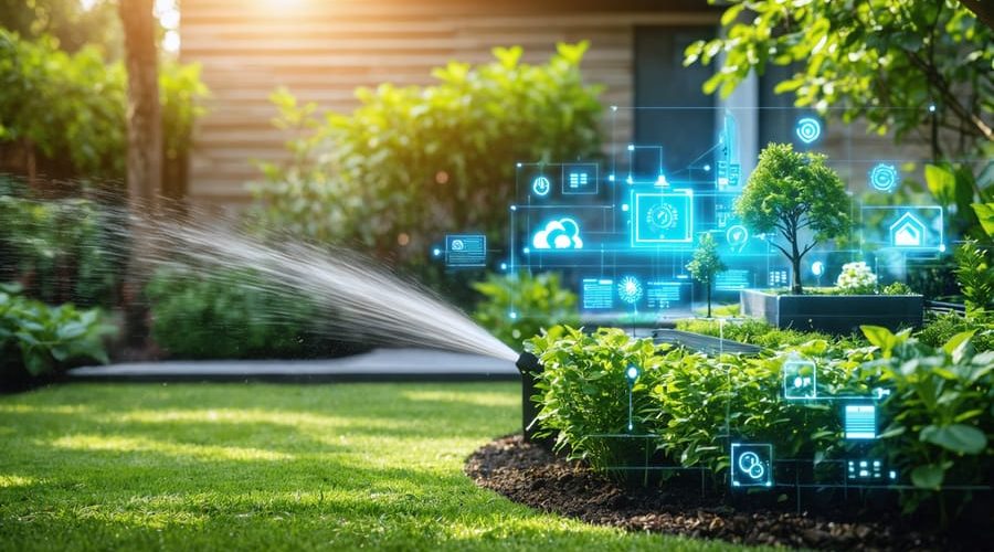 A vibrant garden showcasing smart water technologies, including a digital irrigation controller, soil moisture sensors, and a rainwater harvesting setup, symbolizing efficient water management in gardening.