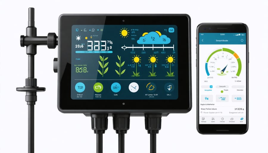 Modern smart irrigation controller with digital display showing weather data and mobile app integration