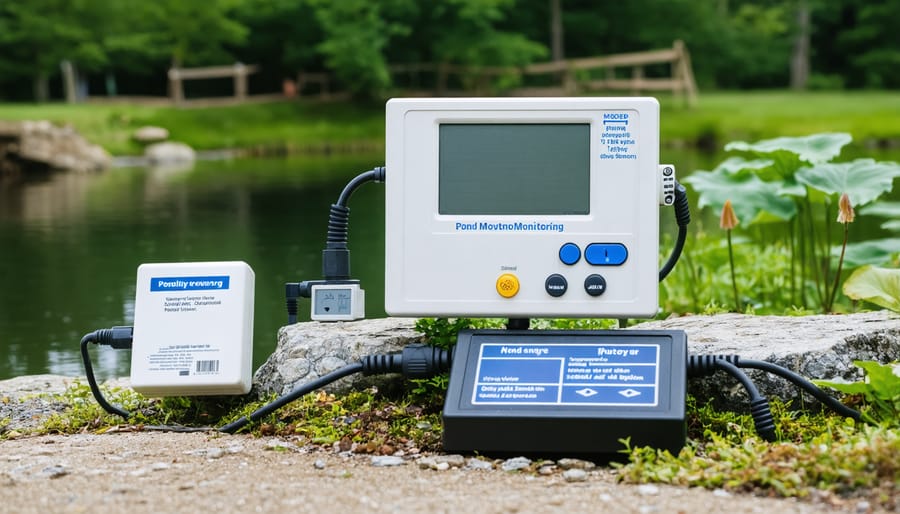Smart pond management system hardware installation showing sensors and control panel