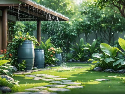 An automated rainwater collection and irrigation system with rain barrels, gutters, and thriving garden plants, demonstrating sustainable water usage in a flourishing garden.
