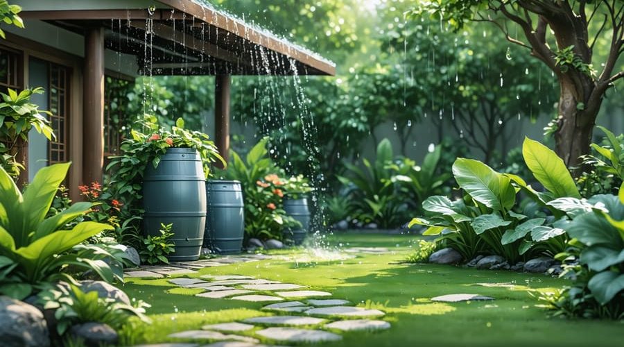 An automated rainwater collection and irrigation system with rain barrels, gutters, and thriving garden plants, demonstrating sustainable water usage in a flourishing garden.