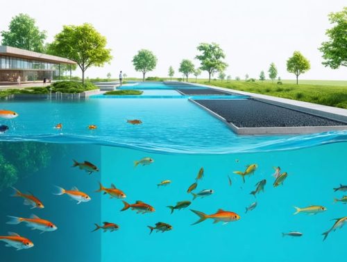 Illustration of a sustainable fish farm showcasing integrated aquatic systems, multiple ponds, and natural filtration zones.