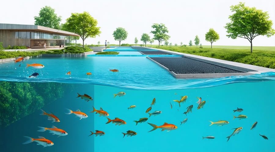 Illustration of a sustainable fish farm showcasing integrated aquatic systems, multiple ponds, and natural filtration zones.