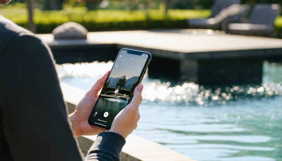 Homeowner adjusting water feature settings through smart device application