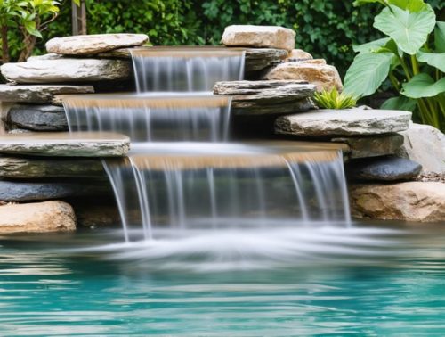 A tranquil garden showcasing a multi-tiered water feature with smooth rocks and cascading water, illustrating varying sound effects from gentle trickles to dynamic waterfalls.