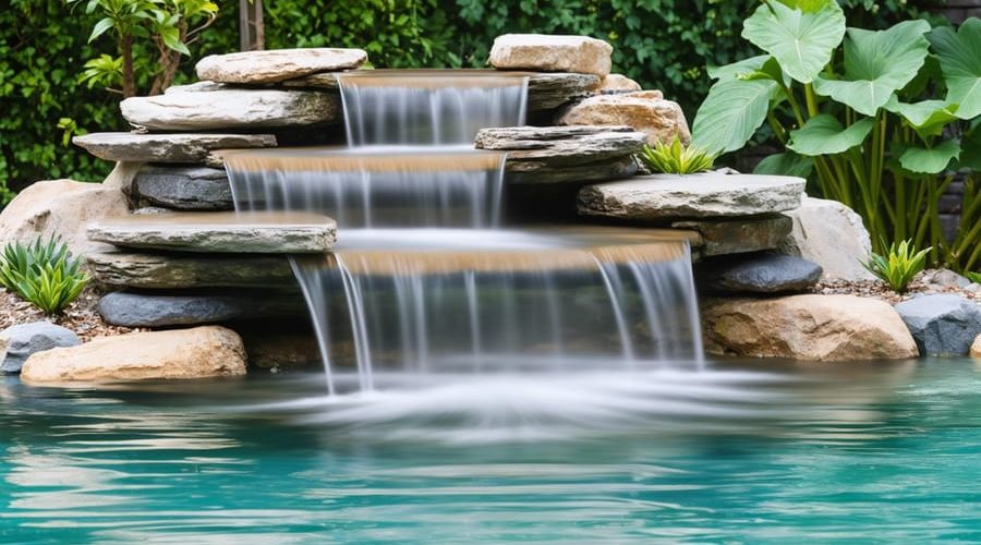 A tranquil garden showcasing a multi-tiered water feature with smooth rocks and cascading water, illustrating varying sound effects from gentle trickles to dynamic waterfalls.